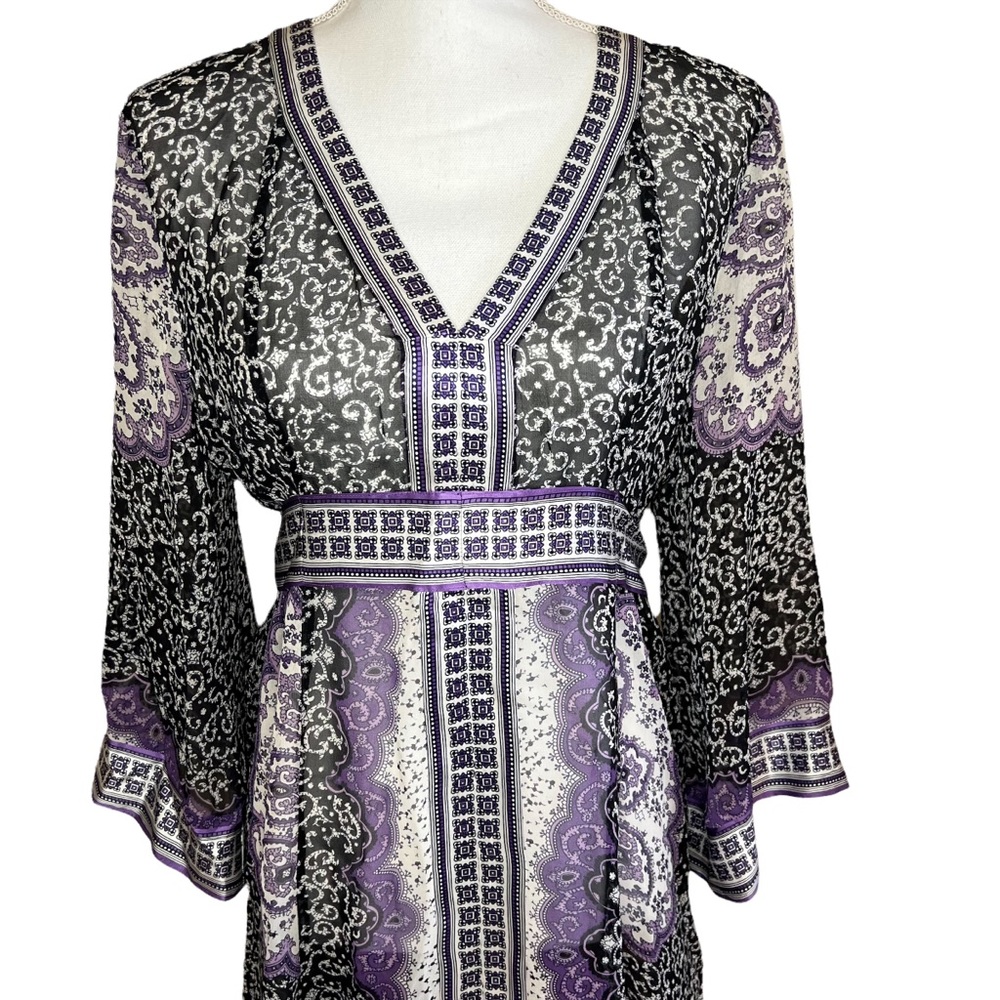INC International Concepts  VNeck Long Sleeve Black Purple Sheer Silk Dress * 10 - Picture 3 of 15